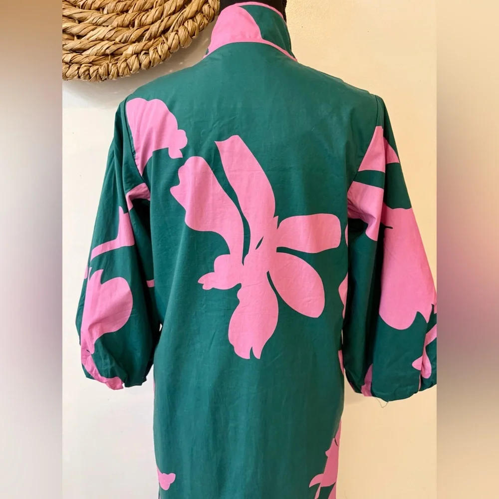 Tuckernuck Hyacinth House Arem Caftan Hunter Green and Pink Floral Size XS - Picture 6 of 13